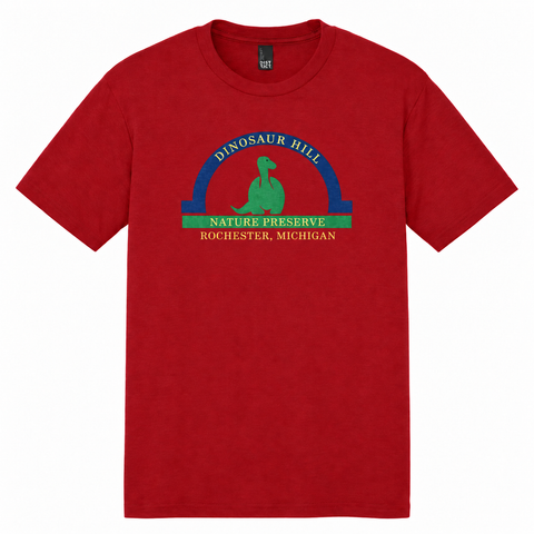 Dinosaur Hill classic blue arch logo on a red T-shirt, front view.