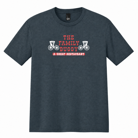 The Family Buggy T-Shirt front view on navy heather shirt.