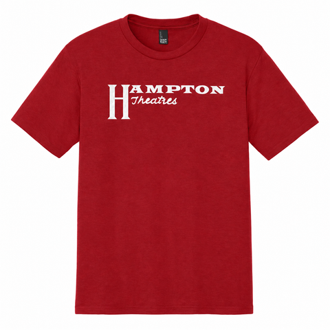 Hampton Theatres white logo on a red T-shirt, front view.