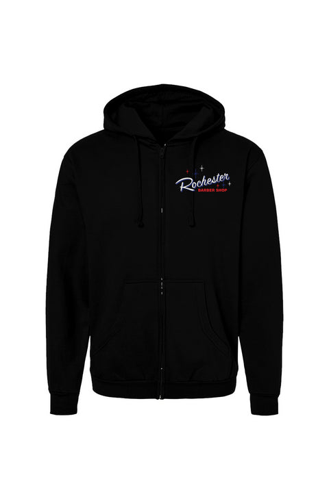 Rochester Barber Shop_Full Zip Hoodie_White Font