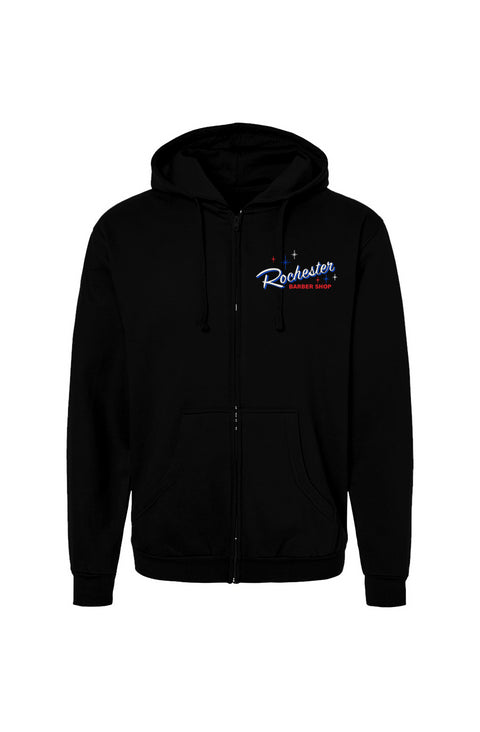Rochester Barber Shop_Full Zip Hoodie_White Font_Falcon Blue