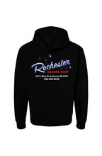 Load image into Gallery viewer, Rochester Barber Shop_Full Zip Hoodie_White Font_Falcon Blue
