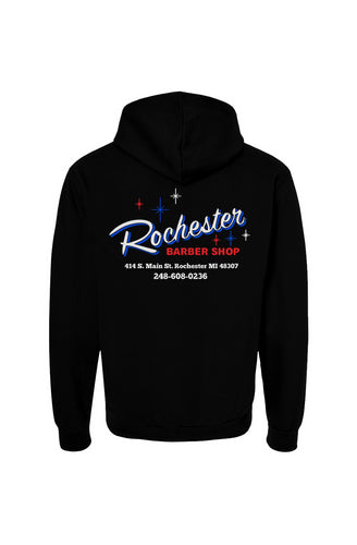 Rochester Barber Shop_Full Zip Hoodie_White Font_Falcon Blue