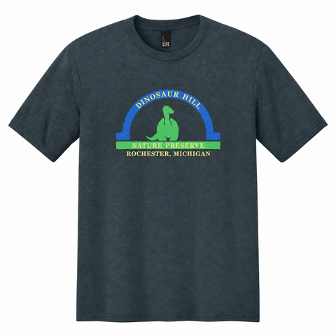 Dinosaur Hill classic blue arch logo on a heather navy T-shirt, front view.