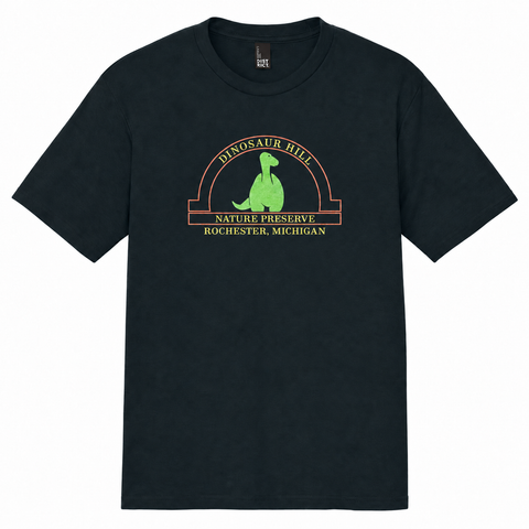 Dinosaur Hill retro red outline logo on a new navy T-shirt, front view.