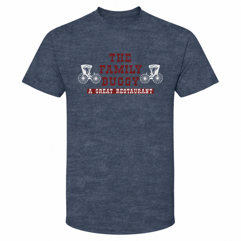 The Family Buggy T-Shirt (Tultex) front view on heather navy shirt.