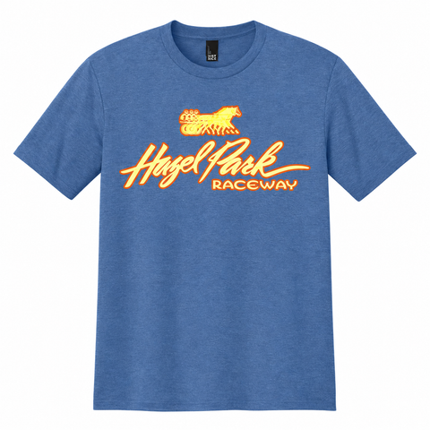 Hazel Park Raceway T-Shirt front view on maritime blue heather shirt.