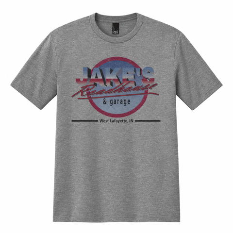 Jake’s Roadhouse and garage design on a grey heather T-shirt, front view.