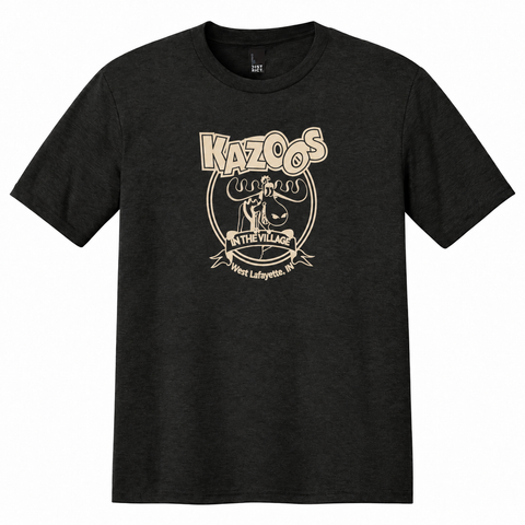 Kazoo's T-Shirt front view on black heather shirt.