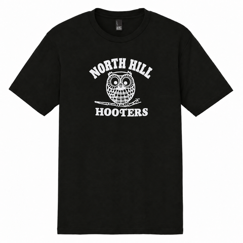 North Hill Hooters owl design on a black T-shirt, front view.