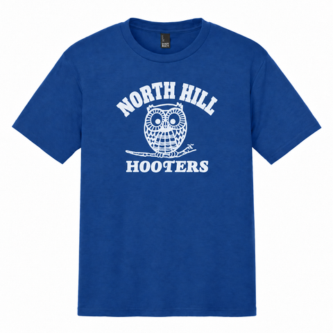 North Hill Hooters owl design on a blue T-shirt, front view.