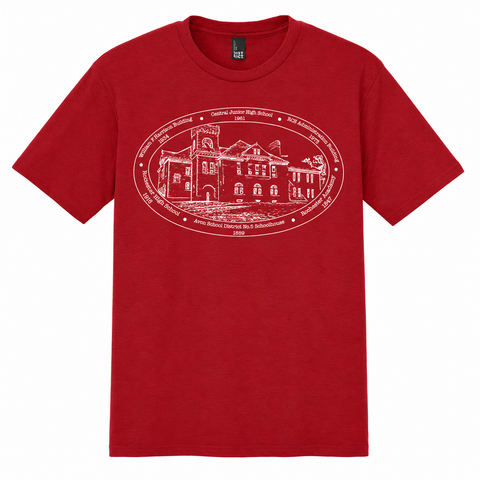 RCS Schoolhouse Building white oval illustration on a red T-shirt, front view.