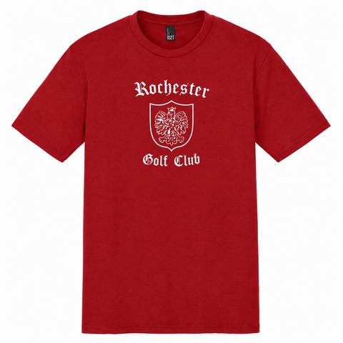Rochester Golf Club T-Shirt front view on red shirt.