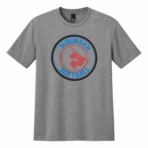Suburban Softball T-Shirt front view on grey heather shirt.