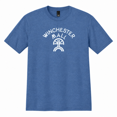 Winchester Mall white logo on a maritime blue heather T-shirt, front view.
